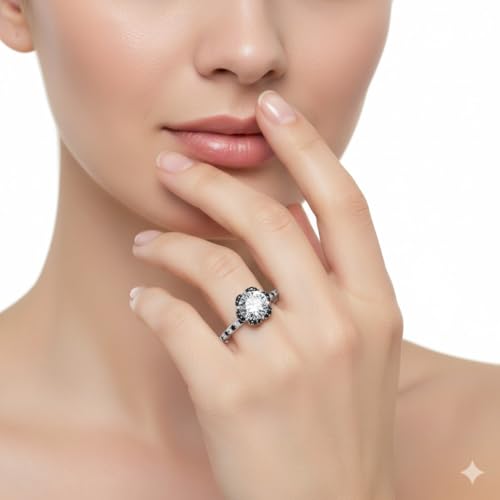 Image of 55Carat Choose Your Gemstone 6 Petal Ring Sterling Silver Round Shape Halo Engagement Rings Well Shaped for Any Gift Giving Occassion Modern Style Enchating Women US Size 4 to 12