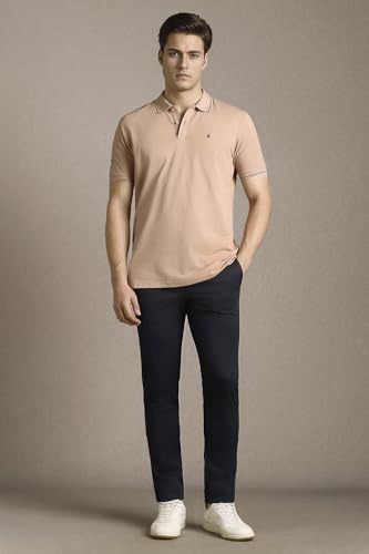 Image of Louis Philippe Men's Slim Fit Single-Tuck Pique Stylized Sleeve Print and Contrast Tipping Half Sleeve Solid Polo Tshirt