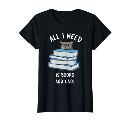 Todo lo que necesito es libros y gatos - azul ruso - pila de libros Camiseta