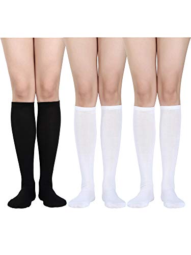 3 Pairs Women Knee Socks Soft Cotton Socks Long Tube Socks for Christmas Favor, Daily Wear (White, Black)