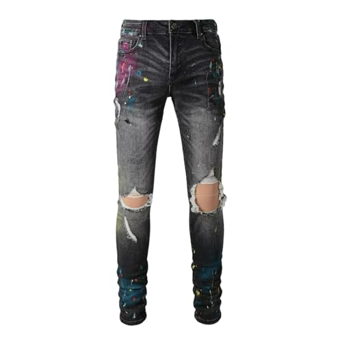 Jeans Pants Trousers Denim Men Stretch Slim Fit Street Trendy Black Personalized Graffiti Spray Paint Dotted Hole Hairy Casual(Black,33)