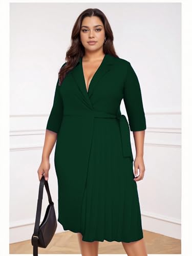 Image of Hostoyo Women's Plus Size Pleated Midi Dress Comfortable Suit Collar 3 /4 Sleeve Belted Casual Formal Work Church