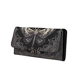 Jolamirel Goth Moth Purse Black PU Leather Slim Wallet for Women, Gothic Floral Long Trifold Clutch Checkbook Wallets with Zipper Pocket, Vintage Victorian Purse Credit Card Holder
