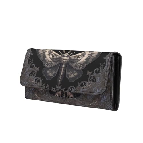 Goth Moth Purse Black PU Leather Slim Wallet for Women, Gothic Floral Long Trifold Clutch Checkbook Wallets with Zipper Pocket, Vintage Victorian Purse Credit Card Holder