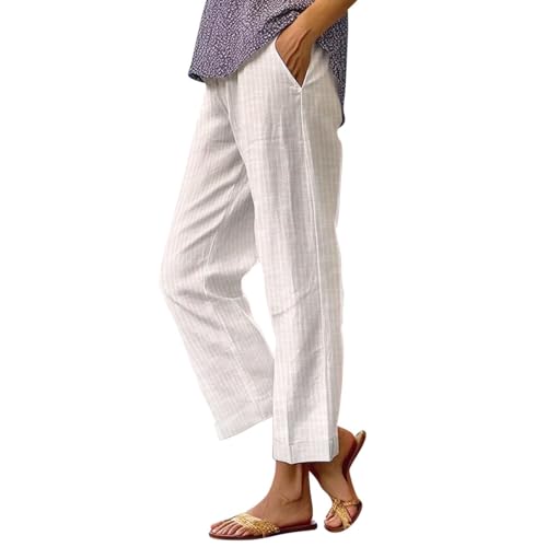 Women's Linen Pants Side Stripe Trousers Lightweight Casual Elastic Waist Straight Leg Beach Vacation with Pocket
