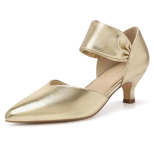 LOOPCHARM Women's Kitten Heels Pointed Closed Toe Slip On Low Pumps Dress Shoes for Wedding Party Work,Gold PU,9