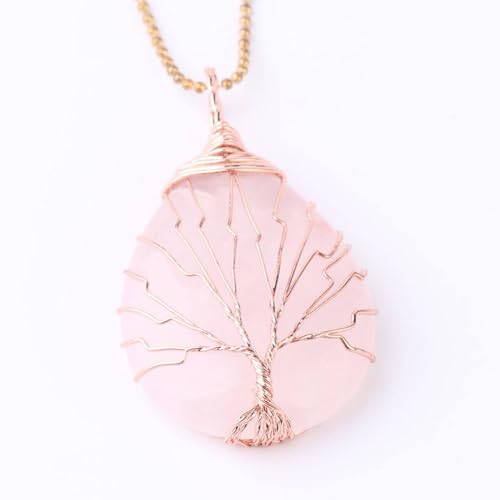 Stylish Stone Necklace Natural Rose Quartz Stone Pendant Crystal Fine Chic Water Drop Shape Pendants Necklace, Gold Color Chain Accessories Holiday Fashion Jewelry Accessories Girls Women,R