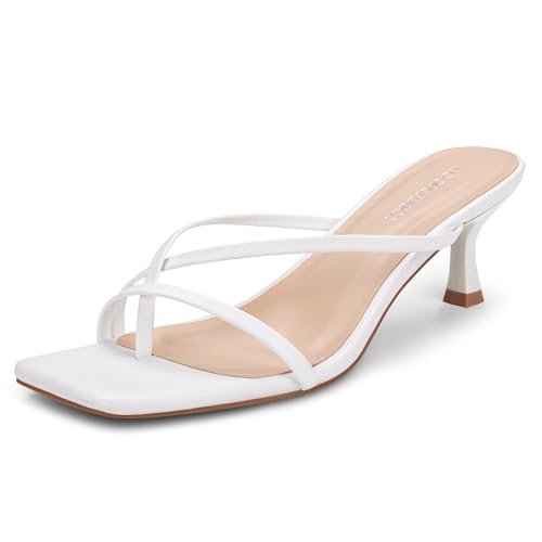 LOOPCHARM Womens Strappy Kitten Heel Flip Flop Sandals Thong Heeled Square Open Toe Low Heels for Dressy Casual Party Fashion,White Pu,9