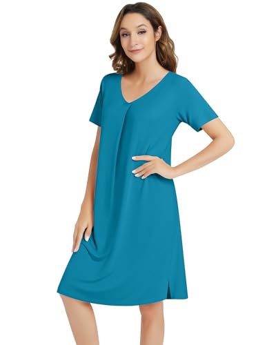 Image of NACHILA Nightgowns for Women-Viscose Made from Bamboo,Short Sleeve Nightshirts V Neck Sleep Shirt Loose Sleep Dress