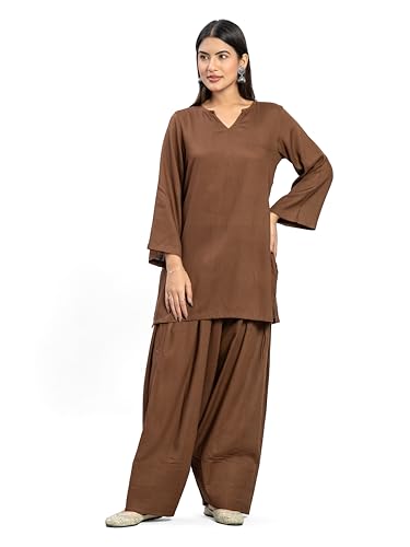 Image of Womens Rayon Solid Straight Kurta Farshi Salwar Set