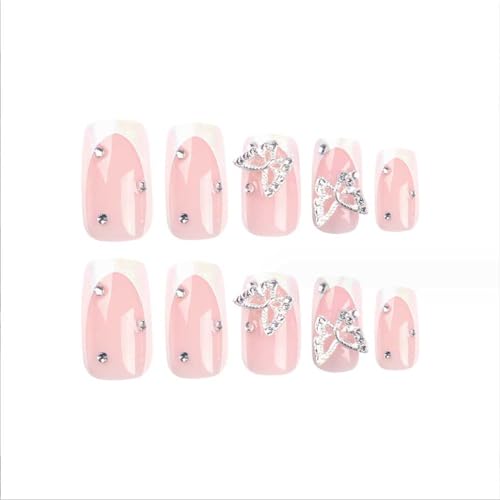 Foccna White Press On Nails Medium Long Rhinestone Fake Nails Square Bling Glossy 3D Butterfly False Nail Tips Artificial Nails Finger Manicure thumb #3