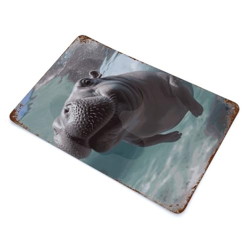 Tableau rustique en métal vieilli motif hippopotame original