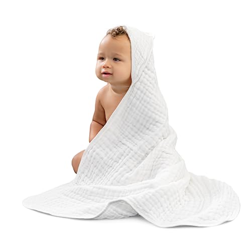 Image of Comfy Cubs 2 Pack Baby Hooded 9 Layer Muslin Cotton Towel for Kids, Large 32” x 32”, Ultra Soft, Warm, and Absorbent. Baby Essentials Bath Towels, Cute Unisex Cover for Girls and Boys (2 Pack, White)