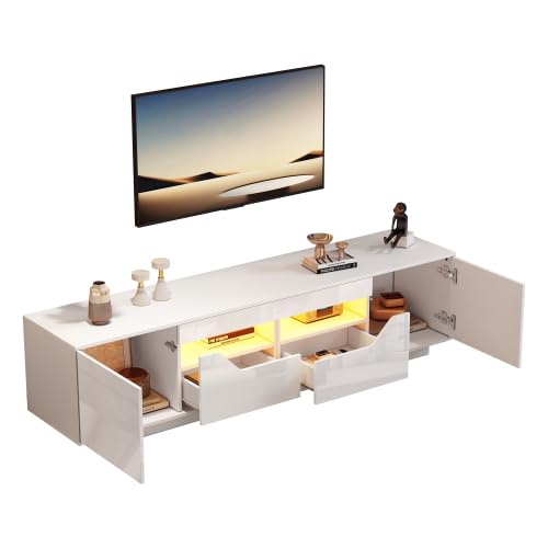 Mobile TV basso con 2 cassetti, 2 armadi, ripiani semiaperti, interruttori di rimbalzo, illuminazione controllata da app, superficie lucida per TV fino a 75", lunghezza 180 cm, colore bianco