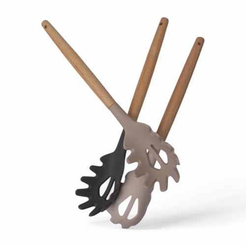 Deconox Bambu Saplı Silikon Makarna Servis Kaşığı – Isıya Dayanıklı, Yapışmaz, 3 Renk Seçenekli, 27cm – Uzun Saplı Makarna Kaşığı (BEJ)