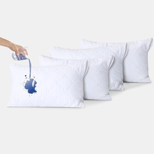 Qatan Queen Size Quilted Waterproof Pillow Protectors, Pack of 4 Zippered Pillowcases, Breathable Protective Pillow Encasement Covers - White