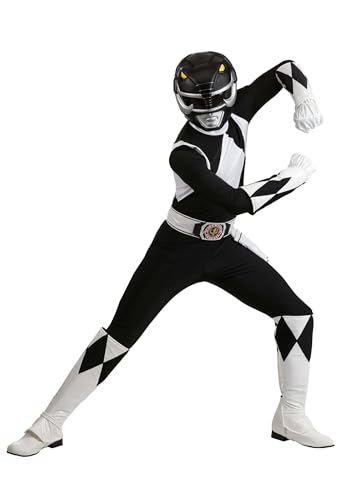 Mens Power Rangers Black Ranger Costume | Adult Jumpsuit with Helmet, Belt, Gloves, Wrist Guards and Boot Covers Medium