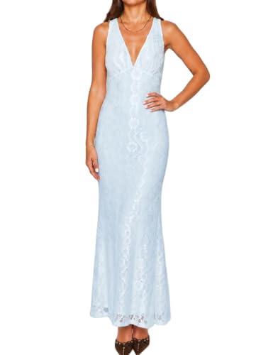 Image of Elegant Lace Floral V Neck Backless Bodycon Dresses for Women Sexy Cut Out Low Back Sleeveless Maxi Dress Wedding Guest