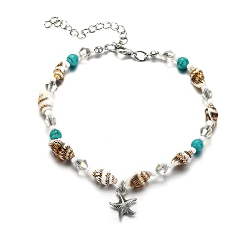 LEEQBCR 1pcs Seashell Fußkettchen Seestern Türkis Knöchel Armband Silber Fußkette Schmuck für Frauen und Mädchen