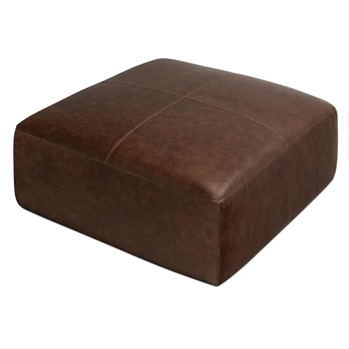 Image of Poly & BARK Sequoia Ottoman - 35 inch Square Pouf with Feather-Down Topper - Full-Grain Leather Upholstered Pouf Ottoman for Living Room - Vintage Italian Leather in Chocolate Brown