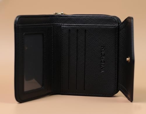 Image of WildHorn Women's Wallet | Premium Vegan Leather Ladies Purse with Zip Coin Pocket & Snap Button | Compact Wallet with Card Slots & ID Window (Black)