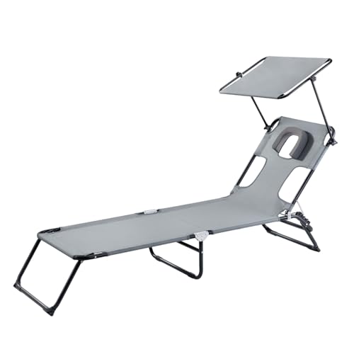 Vttui Tumbona de Exterior – Silla de Playa Portátil con Toldo Solar y Orificio Facial – Reclinable Ajustable – para Piscina, Playa, Patio y Césped(Color:Gris)