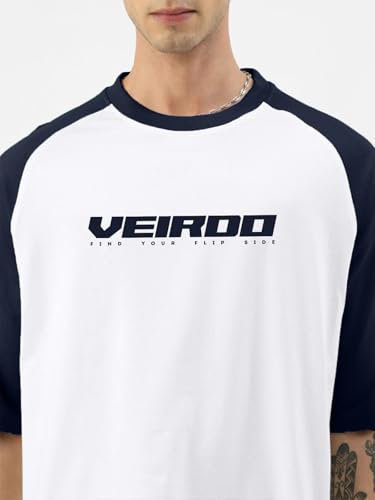 Image of Veirdo 100% Pure Cotton Oversized Loose Baggy Fit Drop Shoulder Round Neck Cool Front Chest Typographic Logo Printed Raglan Sleeve T-Shirt for Men (Colors: White, Black, Swanwhite, Beige & Grey)