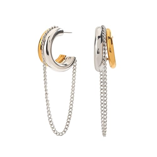 COORWEEL Silver Chain Tassel Hoop Earrings for Women Trendy Two Tone Dangling Chain Earrings Jewelry