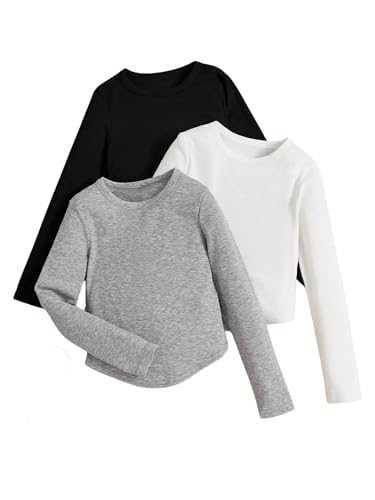 SweatyRocks Girl's 3 Pack T Shirts Crewneck Long Sleeve Ribbed Knit Casual Tee Tops