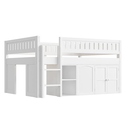 Image of Full Size Loft Bed with Storage Cabinet and Chalkboard Panel, Solid Wood Frame - Space-Saving Design for Kids /Teens Bedroom (White-A1)