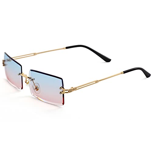 Image of Kursan Frameless Rectangle Sunglasses for Men Women Small Rimless Sun Glasses Shades UV400 Protection (Blue /Pink)