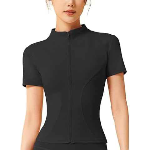 COWOKA Women's Workout Jacket Slim Fitness Casual Short Sleeve Sports coat Yoga Tops Black M Cover