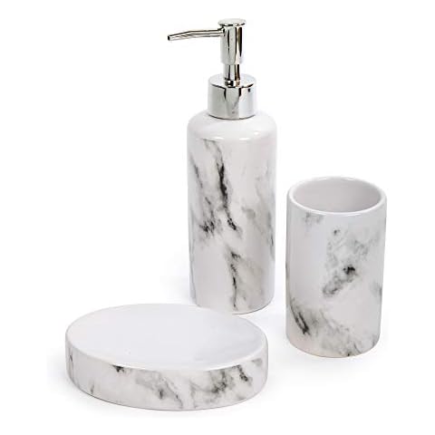 Bodico 3-Piece Marble Bathroom Accessory Set with Soap Dispenser, Soap Dish, and Toothbrush Holder, Modern Ceramic Design, Stylish Bathroom Decor and Organizer Set, White Cover