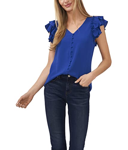 CeCe Double Ruffle Button Front Blouse Deep Royal Blue LG