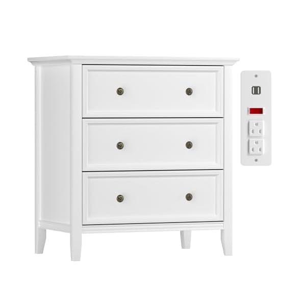 Ikeno white nightstand with 3 drawers and charging station solid wood nightstand organizer for bedroom  urban country home decor