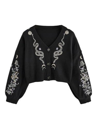 Women's Snake Embroidery Sweater Gothic Floral Long Sleeve V Neck Button Down Knitwear Cardigan