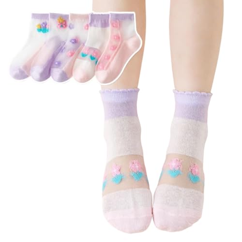 Girl Kids 5-Pair Sheer Ankle Quarter Butterfly Strawberry Bunny Socks, Thin See-Through Breathable Cute for Summer