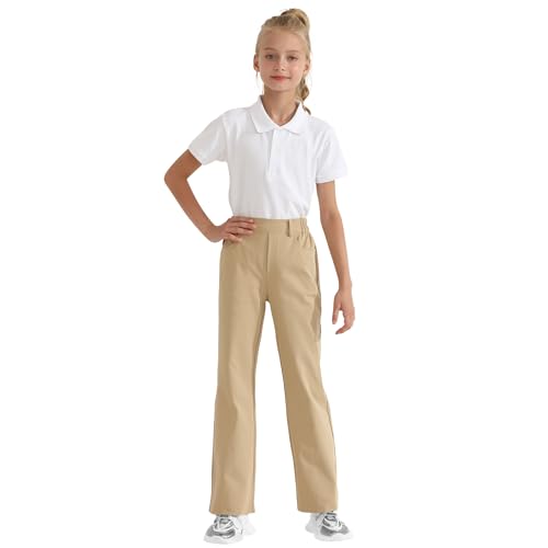 Image of Girls Flare Dress Pants, Bootcut School Uniform Slacks Size 6-15 Years | Half Elastic Waistband, Mock Fly, Belt Loops and Side Pockets for School Uniforms and Everyday Wear