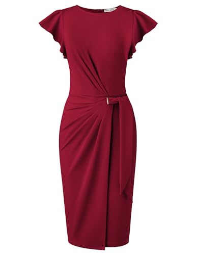 GRACE KARIN Kleider Damen Elegante Rundhals Rüschenärmel Bodycon Kleid Damen Business Outfit Wickelkleid Festliche Etuikleid Knielang Dunkelrot XL