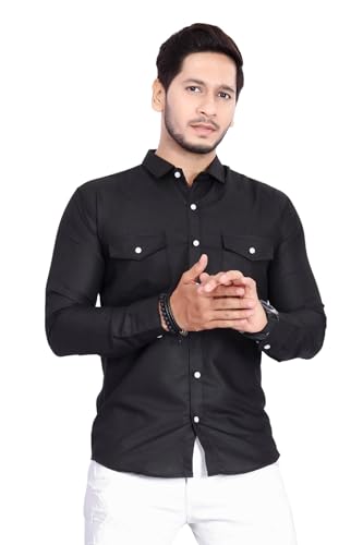 Image of Men's Cotton Spread Collar Full Sleeve Regular Fit Solid Casual Shirt with Double Pockets - Stylish Comfortable Shirt for Everyday Wear