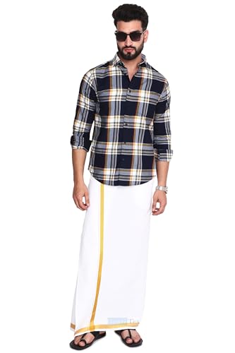 Gowri Tex Men's 100% Pure Cotton White With Gold Jari Lungi in Size 2 Mtrs Single Lungi- Pack Of 1