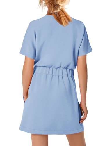 Image of SENSERISE Womens Short Sleeve T Shirt Dresses Crew Neck Solid Color Basic Smocked Waist Dress with Pockets