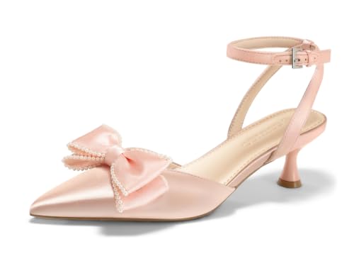 Image of Coutgo Womens Satin Kitten Low Heels Bow Pearl Closed Pointed Toe Pumps Ankle Strap Wedding Dress Shoes