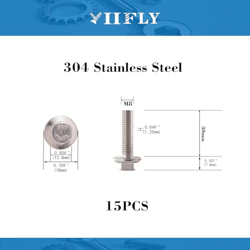 Image of M8x1.25 x 30mm Flanged Hex Head Bolts, 304 Stainless Steel (A2-70), Bright Finish, Fully Threaded, Hexagon Head Flange Bolts, Quantity 15