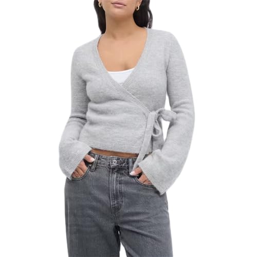 Women Y2k Wrap Tie Front Cropped Sweater Casual V Neck Long Sleeve Slim Fit Knit Top Lightweight Fall Outfits
