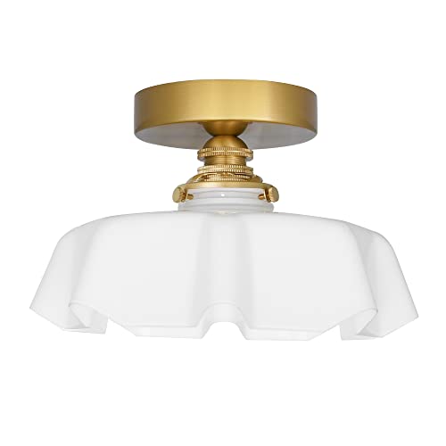 9.4in Vintage Brass Gold Semi Flush Mount Ceiling Light with Milk White Glass Shade, Farmhouse Antique Ceiling Lighting Fixture for Hallway Closet Small Room Kitchen Entryway Porch, Bulb Not Included by DSMJFU DSMJFU - Used condition - US$44.77