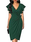 oten Womens Wrap V Neck Short Sleeve Cocktail Summer Dresses Knee Length Bodycon Dress with Front Slit Dark Green XX-Large