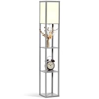HOMCOM 3-Tier Floor Lamp with Shelves and Storage, Modern Corner Standing Lamp with Lampshade, Reading Light with Foot Switch for Living Room, Bedroom, Home Office, Bulb not Included, Grey