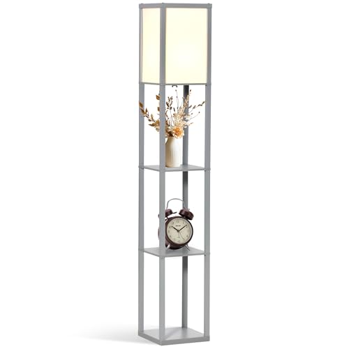 HOMCOM 3-Tier Floor Lamp with Shelves and Storage, Modern Corner Standing Lamp with Lampshade, Reading Light with Foot Switch for Living Room, Bedroom, Home Office, Bulb not Included, Grey