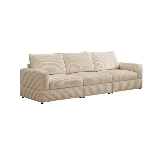 OLEYLUCKIDEA 268cm Modular Sofa Couch, Bequeme 3-Sitzer-Sofa mit Tiefer Sitzfläche & Weicher Polsterung，Cord Couch für Wohnzimmer, Beige